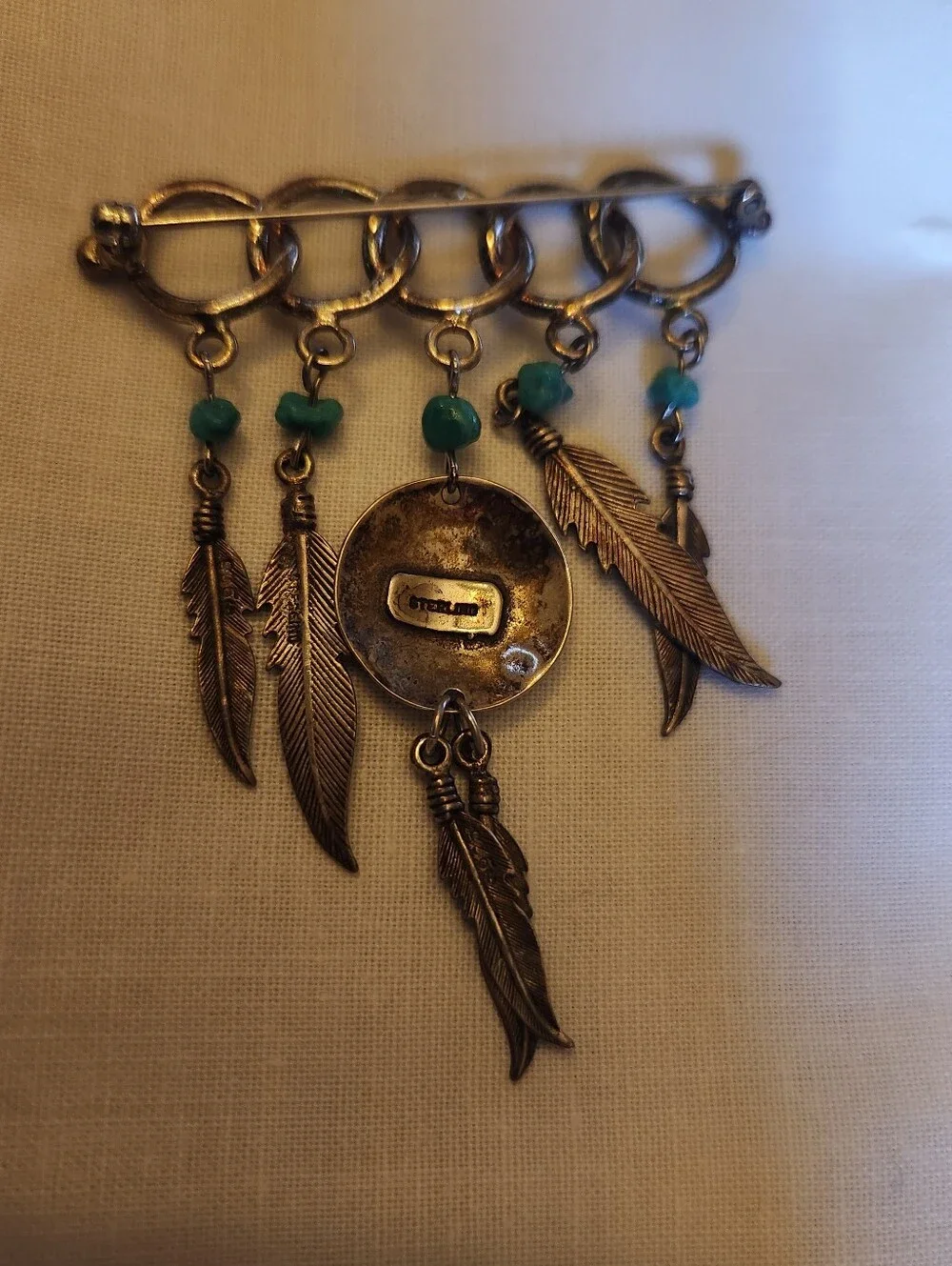 Vintage Native American Navajo Circle Brooch Pin w/ Feathers Turquoise Sterling